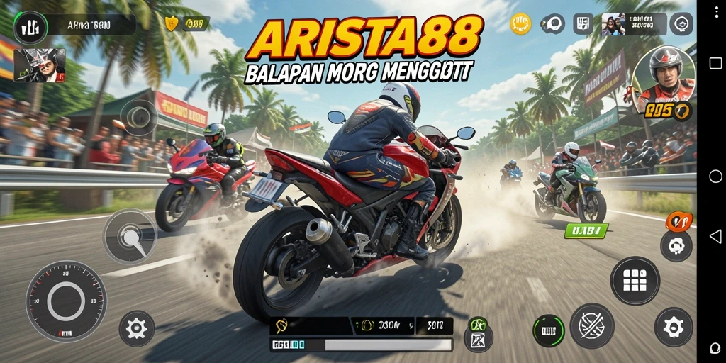 Screenshot ARISTA88 menunjukkan aksi balapan motor yang mendebarkan.