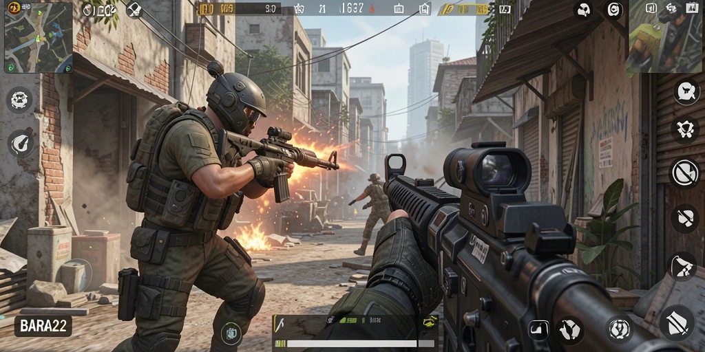 Screenshot BARA22 menunjukkan aksi mendebarkan dalam pertempuran FPS.