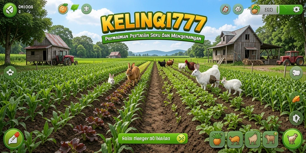 Tampilan gameplay KELINCI777 dengan kebun yang indah dan hewan ternak.