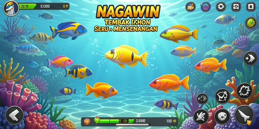 Tampilan gameplay seru NAGAWIN dengan berbagai ikan menarik.