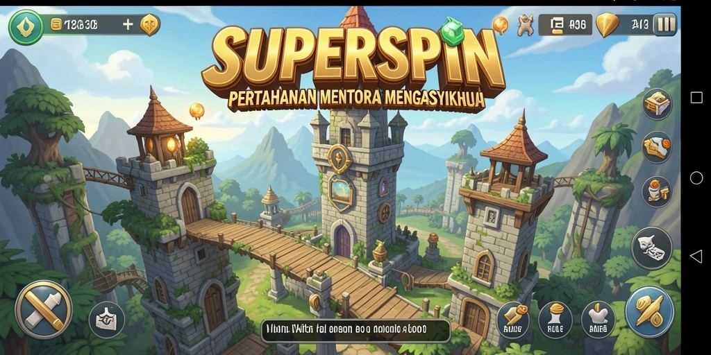 Tangkapan layar gameplay SUPERSPIN menunjukkan strategi menara yang mendebarkan.